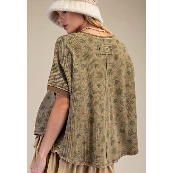 Easesl womens Set PRINTED WASHED WAFFLE PANTS / TOP Floral Olive Mineral wash - Picture 4 of 5